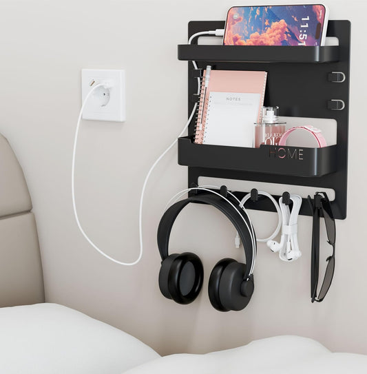 Yieach Bedside Shelf - Wall Mounted Floating Organizer for Remote & Phone | Black Dorm Room Decor