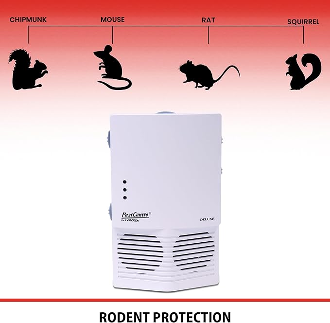 PestContro Deluxe Ultrasonic Rodent Repeller with Light, Bi-Directional Speakers, Direct Plug-in Non-Lethal Pest Control for Mice Rats Squirrels Chipmunks Kitchen Office Garage Basement Shed Attic