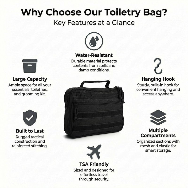 GVCELS Mens Toiletry Travel Bag Tactical Toiletry Bag for Men Bathroom Dopp Kit Hanging Travel Toiletry Bag for Men Shaving Hygiene Bag Travel Toiletry Organizer Short Trips Bag, Black