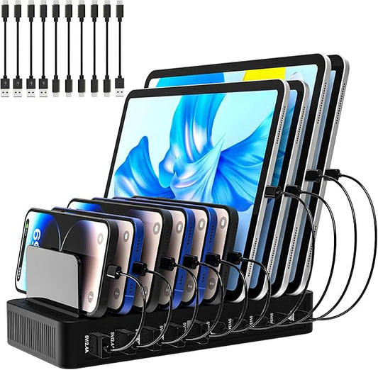 RISWOJOR Charging Station for Multiple Devices, 100W 10 Ports Charging Dock with 10 Cables Smart IC Tech and Adjustable Dividers Type-C，Multi USB Charger for iPhone Galaxy iPad Tablet，Black