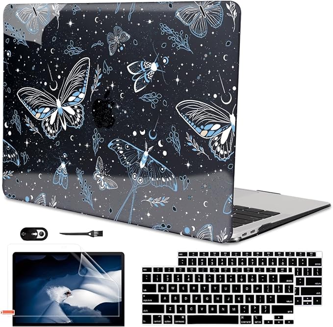 LCMOCICO for MacBook Air 13 inch Case 2021 2020 2019 2018 Release M1 A2337 A2179 A1932, Glitter Black Pritned Pattern Hard Case Cover for Mac Air 13 M1 Retina Display with Touch ID, Butterfly Sky