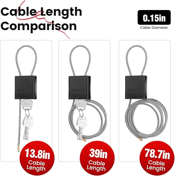 BOZZYS Cable Padlock with 3 Keys | L 1.15ft(0.35m),D 1/6in(4mm) Adjustable Steel Cable Lock | Aluminum Locks for Bikes, Gate, Lockers & Outdoor Gear | Weatherproof & Black