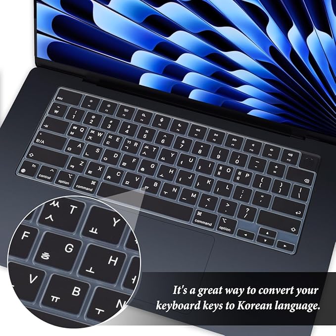 Korean Keyboard Cover for Apple 2026 2025 2024 2023 MacBook Air Laptop with M5 M4 M3 M2 chip 15.3-inch A3448 A3241 A3114 A2941,MacBook Air 13.6 inch A3449 A3240 A3113 A2681 Skin Protector-Black