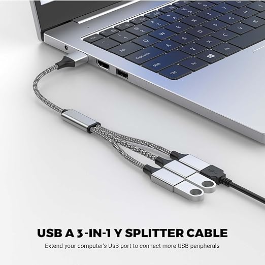POHFP USB Y Splitter 3 in 1, USB A Male to 3 Female Cable for PC/Laptop/MacBook/Keyboard/PS4/PS5/Flash Drive/LED Etc.(Silver)