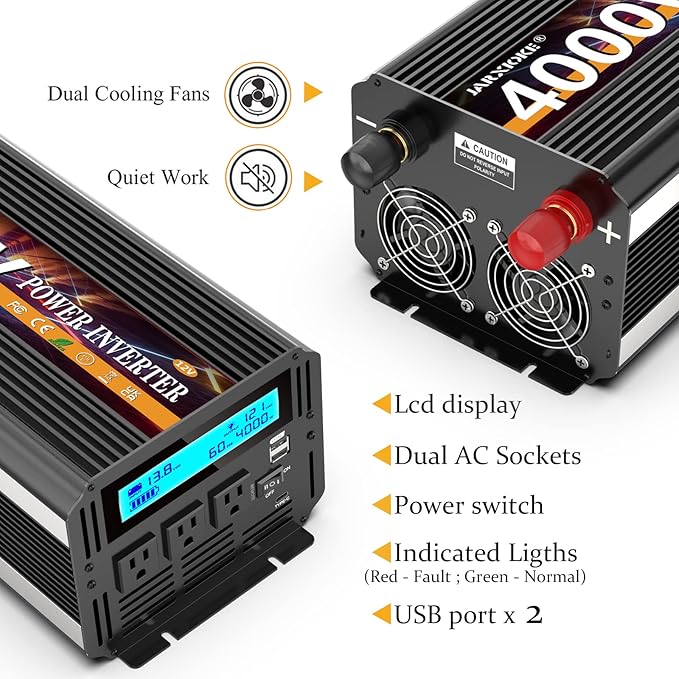 JARXIOKE 4000 Watt Power Inverter 12V DC to 110V 120V Converter for Family RV Off Grid Solar System Car with Type-C Ports 3 AC Power Outlets Dual USB Ports LCD Display Wireless Remote Control