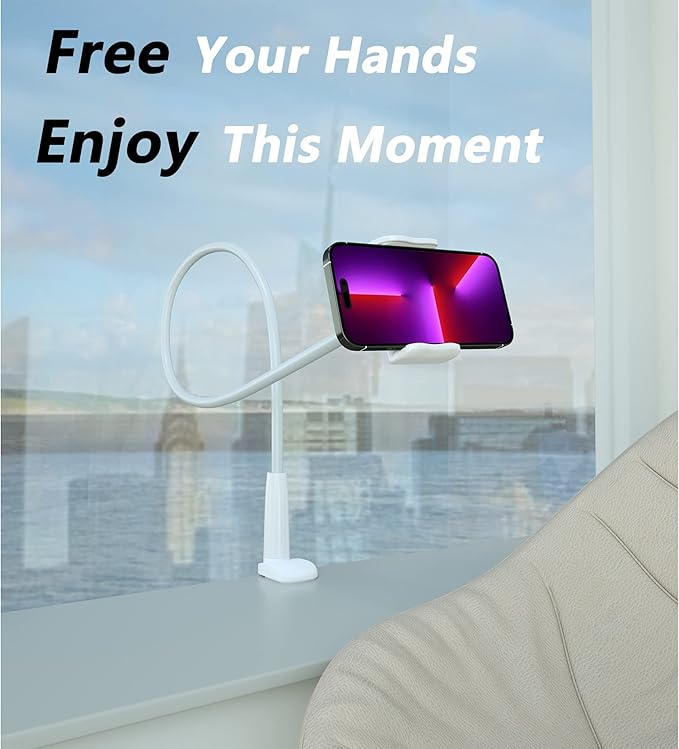 MAGIPEA Gooseneck Phone Holder for Bed, Flexible Overhead Cell Phone Mount for Desk, Hands-Free Viewing Clamp Stand Compatible with iPhone 17 16 15 Pro Max and 3.5-7" Devices, White
