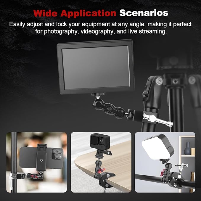 Mechrig Camera Clamp Mount with Dual Ballhead Magic Arm, Aluminum Camera Mount Super Clamp Kit for DSLR Action Camera/Phone/Monitor/LED Light/Microphone, for Desk/Tripod/Tube/Crossbar (SY001)