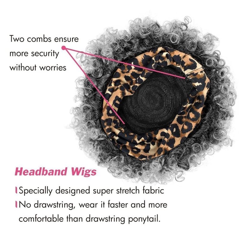 Allyreetress Salt and Pepper Headband Wig Short Curly Wigs with Headbands Attached for Black Women Synthitic Kinky Curly Afro Puff No Drawstring Wig Headwrap Hairstyles With 2 Clips(T1B/Grey)