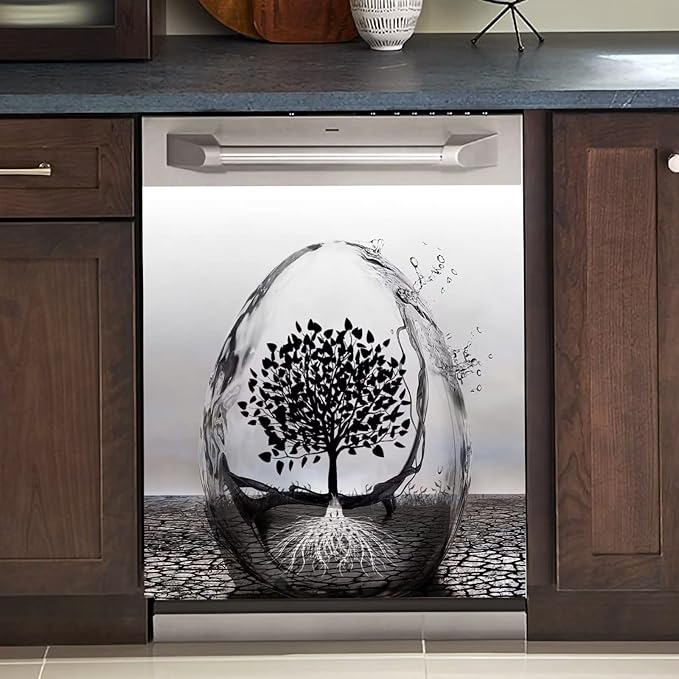 Wine Glass and Tree of Life Art Decoration Dishwasher Cover Black Abstract Decal Magnetic Cover for Dishwasher Front Door 23x17inch Magnet Sticker Kitchen Dishwasher Decor Panel