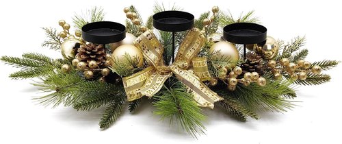 Gold Glittery Christmas Candle Centerpiece - Festive Berries & Pinecones | 27.5 Inch