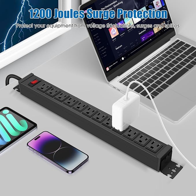 HHSOET Rotating Mountable Power Strip, 12 Outlet Wall Mount Surge Protector, 1200J, Metal Heavy Duty and Versatile Outlet Strip, Stylish Appearance, Sturdy and Durable, 3ft Power Cord.(Black)