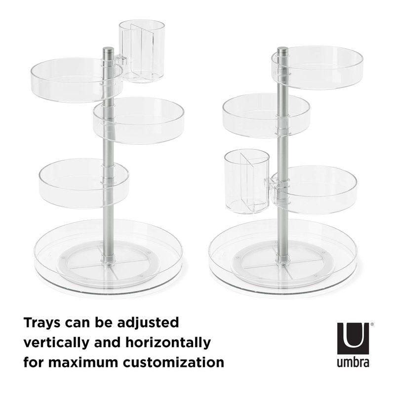 Umbra Pirouette Cosmetic Organizer, Large Capacity Makeup Storage with Adjustable Compartments, Clear/Nickel