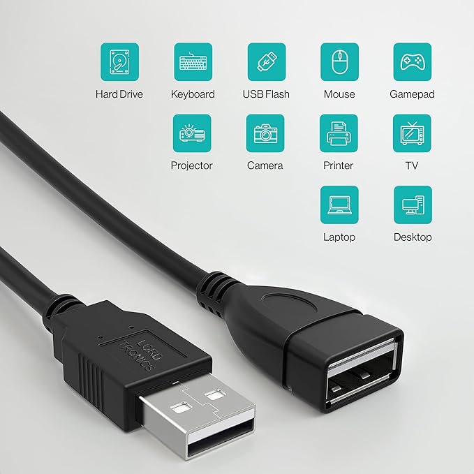 LORDTRONICS 3FT Male to Female Extension Cable USB A Male to USB A Female Data Transfer and Charging Adapter for Keyboard, Mouse, Printer, USB Flash Drive for Multiple Devices, Black
