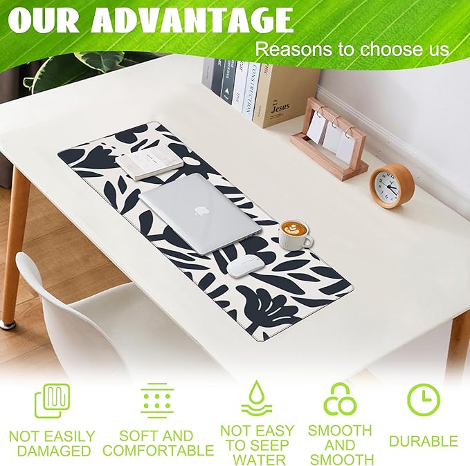 Eflxamz Desk Pad, Hand Drawn Leaves and Flowers Desk Mat, Abstract Plant Large Gaming Mouse Pad with Non-Slip Base and Stitched Edge, 31.5"x11.8"