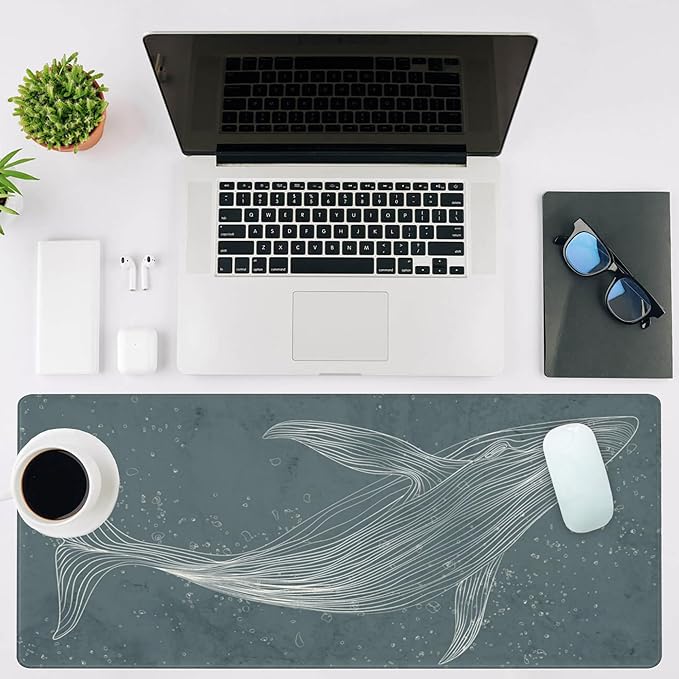 NIYLYNSYN Mouse Pad Large Hand Drawn Whale Non-Slip Gaming Desk Mat with Stitched Edge Laptop Keyboard Desk Pad for Work Home Gaming (35.4 x 15.7 Inches)