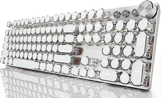 EWEADN Wired Typewriter Mechanical Keyboard, Quiet White Linear Switches Retro Punk Style with Media Knob, Elegant Backlit Metal Panel, 104-Key Round Keycaps Cute Keyboard for Windows PC - Pure White