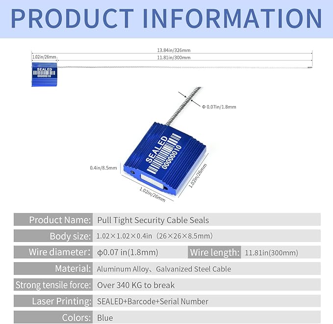 LeadSeals 100 Blue Steel Cable Seals with Barcode - High Security Numbered Truck Seals - Anti-Tamper Pull Tite Self-Locking Safety Ties - ISO 17712