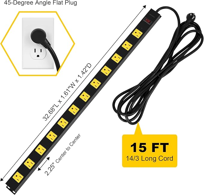 SURAIELEC 12 Outlet Metal Power Strip Surge Protector, 15 FT Heavy Duty Extension Cord, Wide-Spaced Outlets, Flat Plug, 15A Circuit Breaker, Wall Mount Power Bar for Workshop, Garage, Workbench, Shop