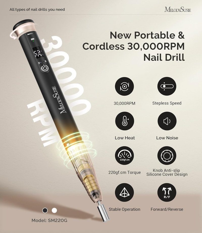 MelodySusie Cordless Nail Drill - 30,000 RPM E-File with Stepless Speed Adjustment | Portable Manicure Tool for Acrylic Gel Removal