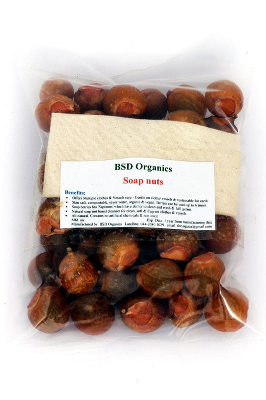 BSD Organics Soap Nuts (Reetha, Areetha, kunkudukaialu) - 200 Grams (Free Pouch)(0.44 Pounds)