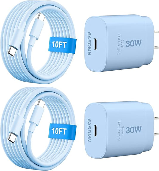 30W USB C i Phone 17 16 15 Charger Fast Charging, 2PACK Wall Charger for iPhone 16 15 Pro Max Charger Cord 10FT Fast Type C Block for iPhone 17 Pro Max/17 Air/16/15 Plus/15 Pro Max,i Pad Pro, Blue