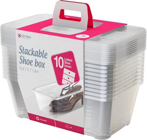 Life Story 10-Pack Plastic Storage Boxes - Stackable Shoe Organizers | 6 Liter Clear Bins with Lids for Home Organization