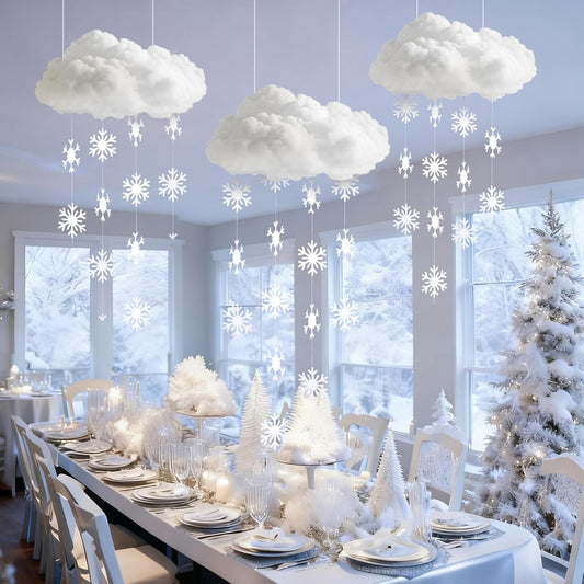 Wettarn 3D Large Winter Cloud Decorations - 18 Pcs Hanging Ornaments with Snowflakes for Party Decor