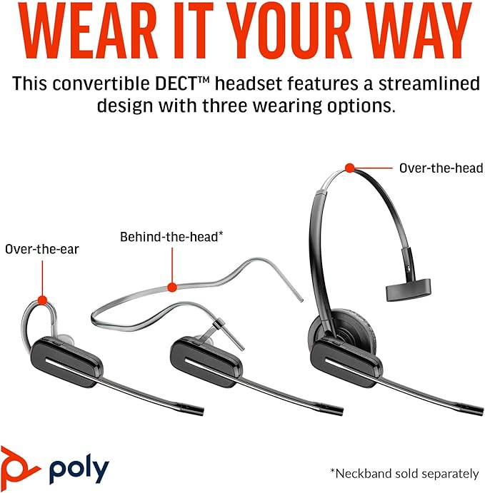 Plantronics Poly CS540A Convertible DECT Headset - Mono - Wireless - DECT - 393.7 ft - Over-the-Ear - Monaural - in-Ear - Noise Cancelling Microphone - Noise Canceling - Black - TAA Compliant