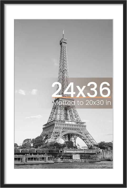 Upsimples 24x36 Poster Frame - Versatile Black Wall Hanging Frame for 20x30 Pictures with Mat