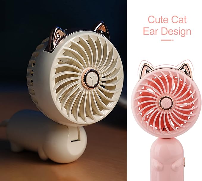 QearFun Handheld Lanyard Fan Portable, Mini Hand Held Fan with USB Rechargeable Battery, 3 Speed Strong Personal Table Fan, 8-12 Hours Small Makeup Fan for Girls Women Travel (White)
