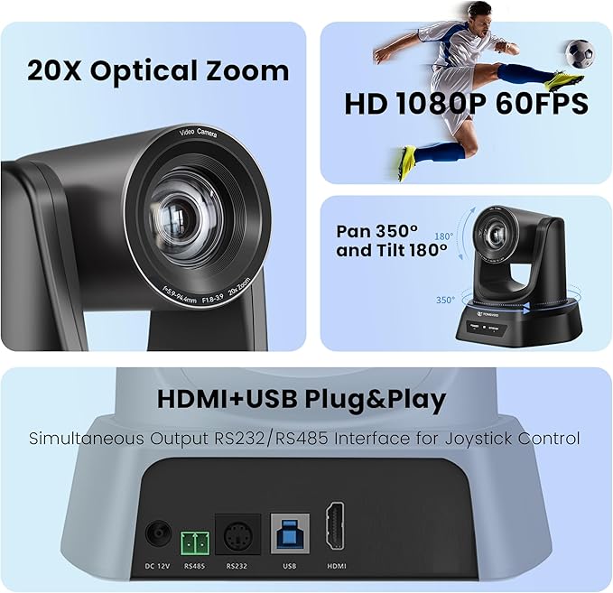 TONGVEO Conference Room PTZ Camera System with 20X Optical Zoom, AI Auto Tracking 1080P 60fps HDMI USB Webcam for Church Streaming Online Video Conference,Compatible with Zoom, OBS Easy Setup