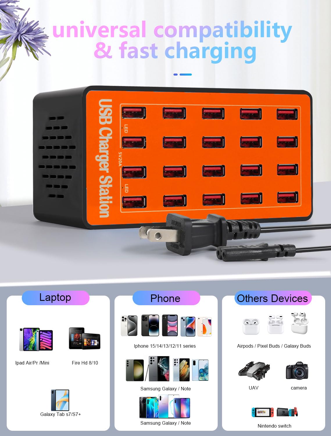 USB Charging Station,100W 20-Port Multi Smart Safety Fast Charger Station for Phone Tablet Watch Headphone PS, Compact Desktop Charger Home Office Travel