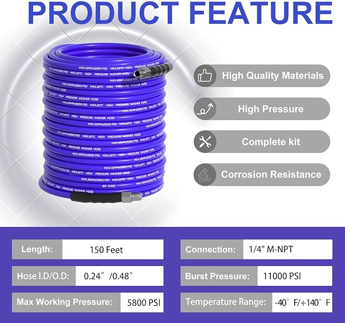150FT Sewer Jetter Kit for Pressure Washer 1/4"NPT Drain Cleaner Hose 5800PSI Corner Rotating and Button Hose Sewer Jetting Nozzle Pearl Corsage Pin Tape Handle Strap Spanner