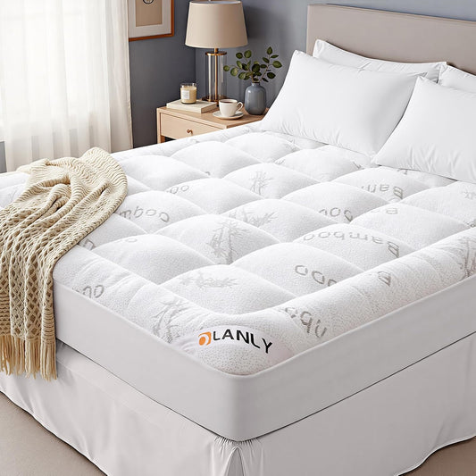 OLANLY King Mattress Topper - Cooling Bamboo Viscose Pillow Top for Back Pain Relief | Plush White Design