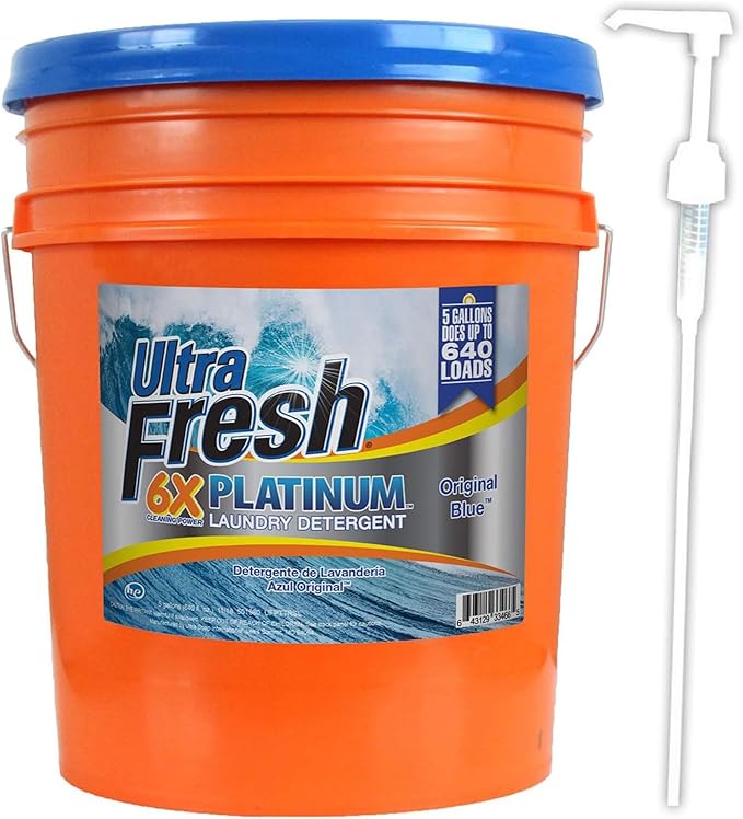 Ultra Fresh 6X Platinum 5 Gallon Laundry Detergent Liquid for All Machine Types with Easy Dispensing Pump, Up to 640 Loads, Original Blue (2 Pack)