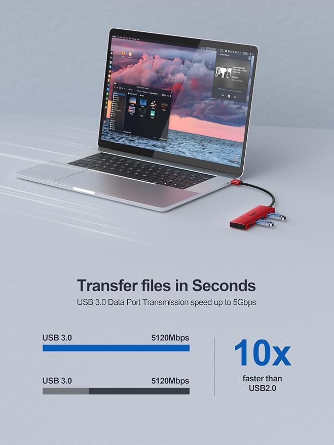USB 3.0 Hub, 4 Port USB Hub Splitter, USB A Expander Portable USB Adapter Multiport Data Hub for Laptop, iMac Pro, MacBook Air, Mac mini/Pro, Surface Pro, USB Flash Drives, and Mobile HDD-Red