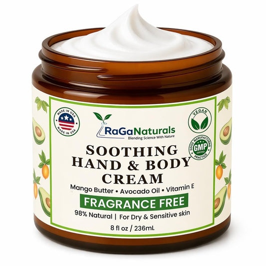 RaGaNaturals Fragrance Free Natural Hand and Body Cream - Moisturizer for Dry, Sensitive & Eczema-Prone Skin -Mango Butter, Argan Oil, Vitamin E -Unscented Non-Comedogenic Lotion for Women & Men -8 oz
