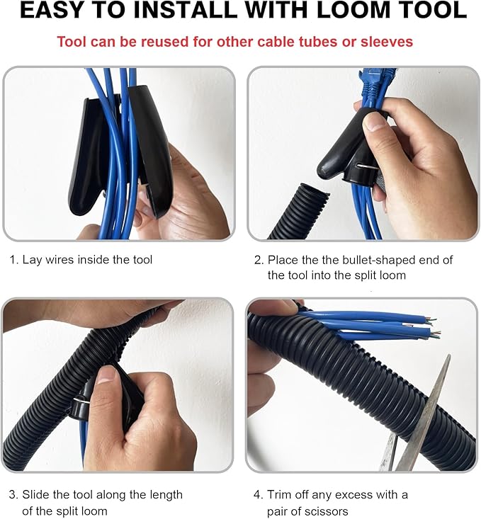 CrocSee 25ft - 3/4 inch Flame Retardant Split Wire Loom Tubing with Installation Tool - Flexible Wire Covers Cord Protectors - Black