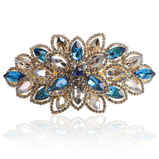 Sppry Luxury Gold-plated Rhinestone Hair Barrette for Women, Large Flower Jewelry Design (Navy)