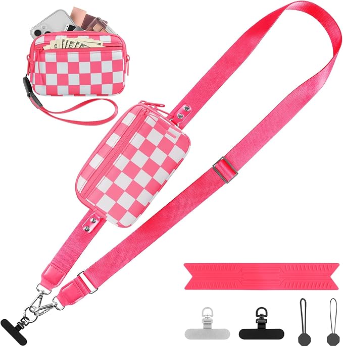 YFWE Clip and Go Strap for Phone with Wallet Crossbody, Adjustable Phone Lanyard with Detachable RFID Wristlet Wallet, Phone Strap with Phone Tabs for All Phones, Pink Checkered (M)