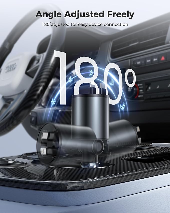 Retractable Car Charger, [2025 New] 4 in 1 Fast Car Phone Charger with Retractable Type C & L Cords, 120W USB Car Charging Adapter for iPhone 13 14 15 16 17Pro Max, Samsung Galaxy, Pixel