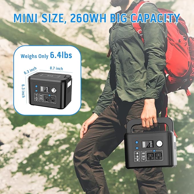 powkey Portable Power Station 350W, 260Wh/70,000mAh Backup Lithium Battery, 110V Pure Sine Wave Power Bank with 2 AC Outlets, Portable Generator for Outdoors Camping Travel Hunting Emergency