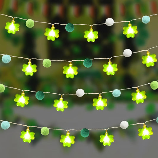 Skiennix St. Patrick's Day Lights Garland - 20 LED Lucky Clover Pompoms | 9.85ft Indoor Decor