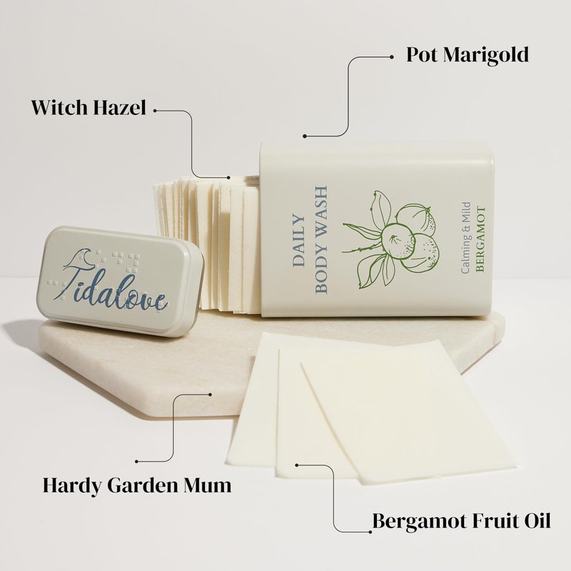 Tidalove Body Wash Sheets in Tin, Zero Waste, Vegan, Paraben-Free, SLS-Free, Cruelty-Free, TSA-Friendly, Travel Soap Sheets, 1 Month Supply (30 Sheets, 60 Washes) (Body Wash Sheets in Tin)