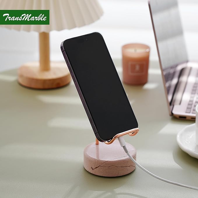 TransMarble Marble Phone Stand with Metal Holder, Charging Available While Using, Swipe Up to Unlock, Made of Natural Marble as Business Card Holder for Office Desk (Rose Pink + Rose Gold)
