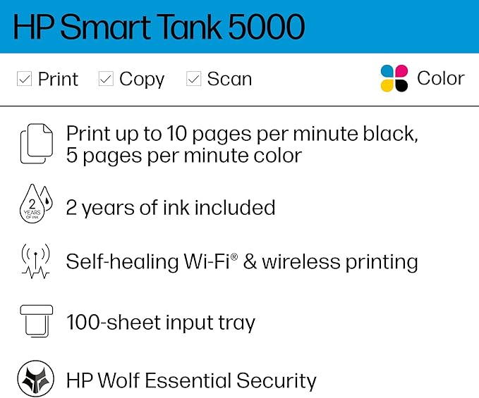 HP Smart Tank 5000 Wireless All-in-One Ink Tank Printer, Scanner, Copier with 2 Years of Ink Included, Best-for-Home, Cartridge-Free, Refillable and AI-Enabled. (5D1B6A)