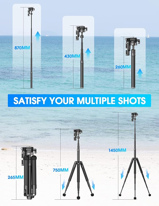 ULANZI MT-63 Portable Vlog Tripod, 57" Foldable Aluminum Alloy Extendable Camera Tripod with 2 in 1 Phone Clip, 360° Ball Head Travel Lightweight Tripod for iPhone/Android/Camera, Load 5KG/11LBS