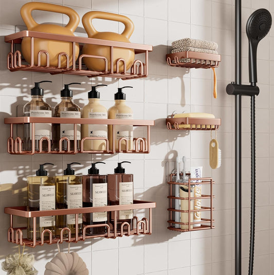 Veken Shower Caddy - 6-Pack Waterproof Adhesive Shelves | No Drilling, Rustproof, Large Capacity - Rose Gold