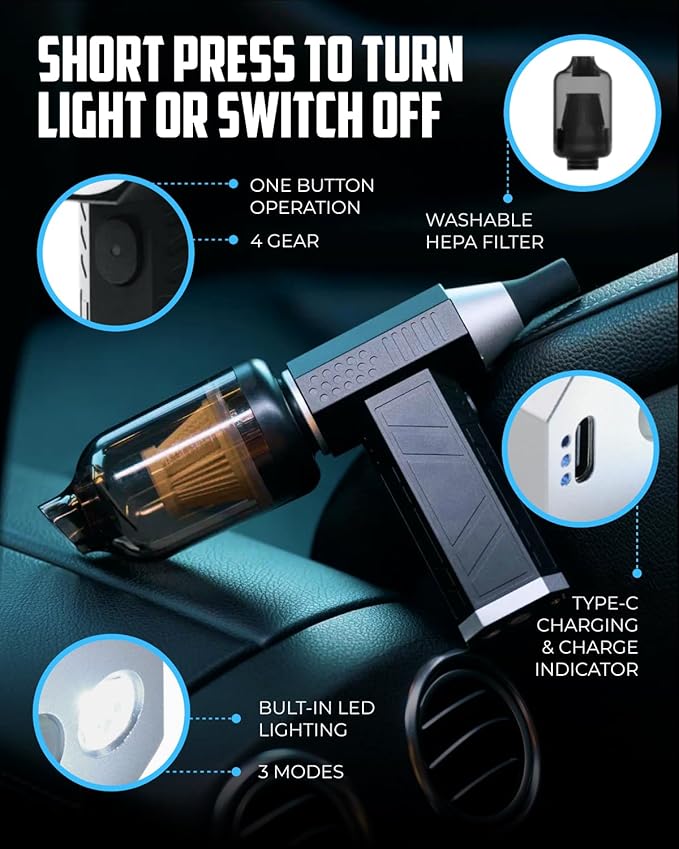 Owleys Portable Handheld Car Vacuum Cleaner with HEPA & Stainless Steel Filter, 6000–16000PA Suction, 85000 RPM Motor, 40-Min Battery Life, Cordless Mini Vacuum for Car, Home, and Office (13, Volts)