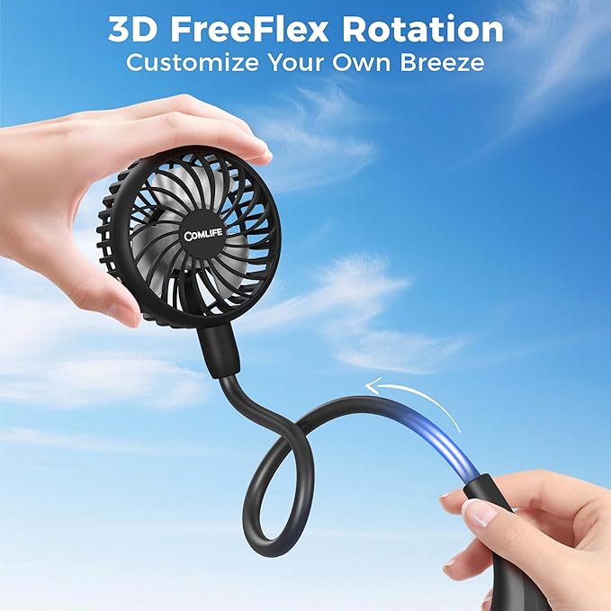 COMLIFE Portable Neck Fan, 2600mAh Battery Operated Ultra Quiet Hands Free USB Fan with Strong Wind, 360° Adjustable High Flexibility Wearable Personal Fan for Home Office Outdoor Travel (Black)
